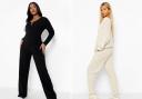 Photos of boohoo's Knitted Long Sleeve Jumpsuit With Tie Waist, left, and Fleece Crop Lounge Set, right.