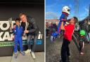 Left: Ethan, aged 7, pictured with Rob Smedley, head of Total Karting Zero. Right: Ethan celebrating with his dad, Daniel.