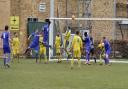 West Herts (blue kit) head towards goal in their Division Two victory over Dome Bar.