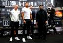 Derrick James, Anthony Joshua, promoter Eddie Hearn and Jermaine Franklin during a press conference at the Hilton London Syon Park.