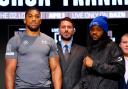 Anthony Joshua, promoter Eddie Hearn and Jermaine Franklin at this afternoon's press conference in London.