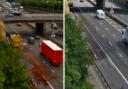 Left: The fuel spillage on the M25 near junction 25. Right: the start of the clean up.