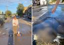 Weena Ahluwalia (left) placed a cone in the pothole before it was temporarily fixed (right).