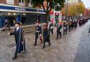 The mace bearer followed by HM Lord Lieutenant Robert Voss CBE then the Royal British Legion Watford standard on the right, on its first historic Town parade.