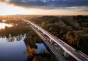 Aerial view of HS2's Colne Valley Viaduct at sunset.