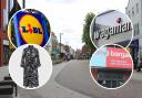 Watford town centre. Inset: Lidl, Wagamama, Home Bargains logos - Hobbs dress.
