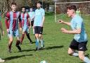 Cassiobury Rangers (striped shirts) beat Watford Sports to reach the last four of the Challenge Cup