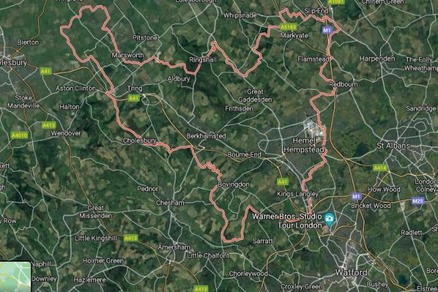 Watford Observer: The borough of Dacorum falls within the red lines, including towns of Hemel Hempstead and Berkhamsted and villages like Bovingdon. Credit: Google Maps