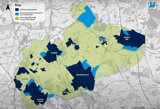 Watford Observer: Areas in light blue showed new proposed settlements in the draft local which which has since been shelved. Credit: Hertsmere Borough Council