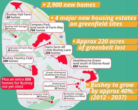 Watford Observer: Sites in Bushey that were in the council's draft local plan which has since been 'shelved'