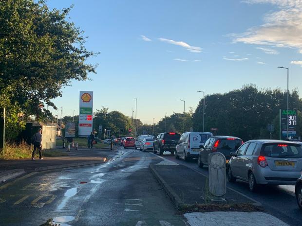Watford Observer: Queues forming early this morning (Wednesday) by Shell at The Dome roundabout, Watford.