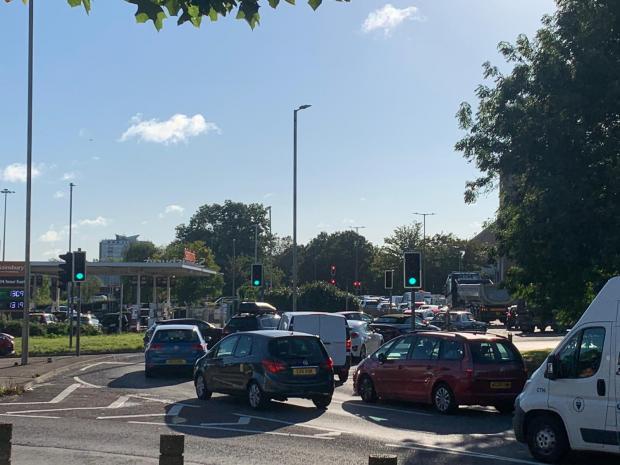 Traffic at The Dome roundabout in Watford as motorists queue for fuel at Sainsbury's, Asda and Shell garages.