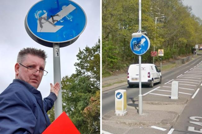 Cllr Steve Cox pictured by the graffitied road sign in Prestwick Road in South Oxhey. On the right is the sign pictured in 2019