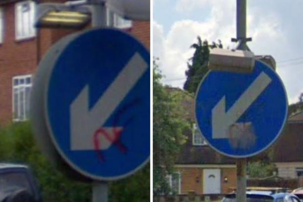 Watford Observer: On the road sign opposite to the one Cllr Cox is pictured in, the National Front Symbol has also been daubed. Shown is the same signpost in 2008 and 2021. Credit: Google Maps