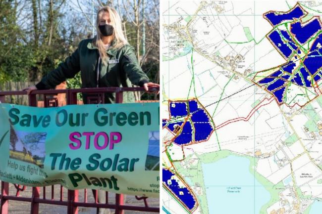 Sharon Woolf, who co-led protests against the solar farm, pictured, along with a map of fields that had been earmarked for the solar farm