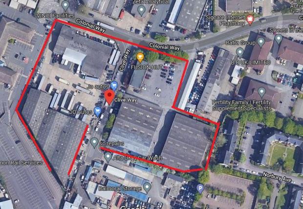 Watford Observer: A site location plan suggests the five buildings situated within the red lines either side of Clive Way are part of the development site. Credit: Google Maps