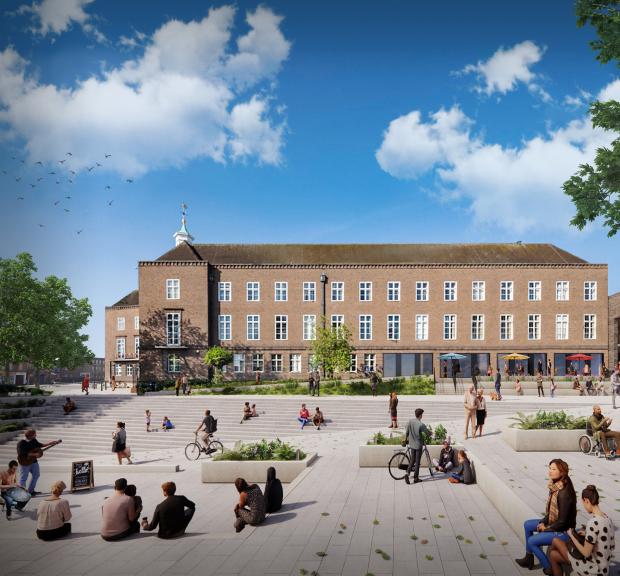 Watford Observer: Artist impression of refurbished Watford town hall with a new public square. Credit: Watford Borough Council/Feilden Clegg Bradley Studios