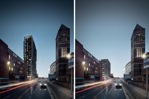 Watford Observer: Pictured is how the withdrawn scheme (left) and the new scheme would look from further down Watford ring road. Credit: IDA London Holdings/Iceni Projects