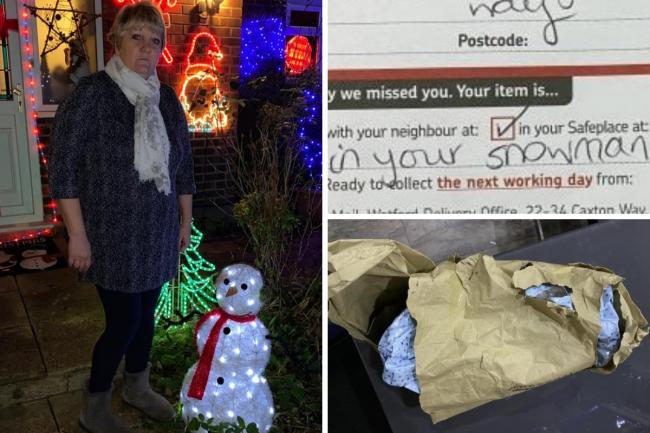 The snowman, which was pegged down, was 'forcefully' pulled up so that the parcel could be stuffed inside