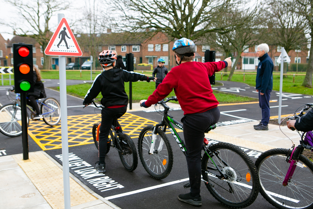 Holywell Primary School pupils at the new learn-to-ride facility