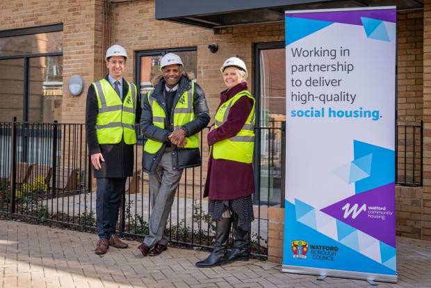 Watford Observer: left to right: Watford mayor Peter Taylor, Luther Blissett, and Watford Community Housing chief executive Tina Barnard