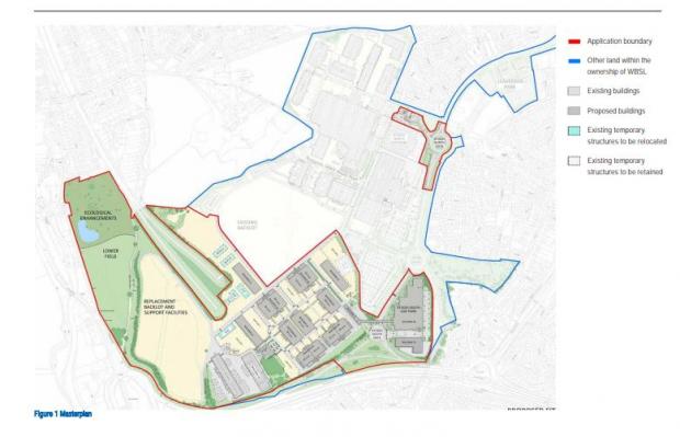 Watford Observer: A screenshot of the masterplan by Warner Bros. In colour is proposed new areas of the site and greyed out within the blue lines is the existing studio facilities and boundary. Credit: Warner Bros