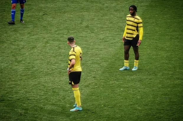 Watford players Tiago Cukur and Shaq Forde during their win over Wigan at Vicarage Road. Picture: Ryan Gray