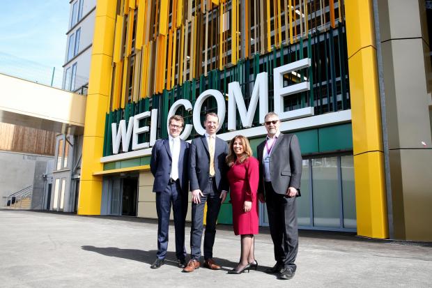 Watford Observer: left to right: Duncan McDonald, projects director at Kier, Watford mayor Peter Taylor, Fareen Lalani, senior development director at Kier, and Tim Duggleby, associate director of acute redevelopment at West Hertfordshire Hospitals at the new car park 