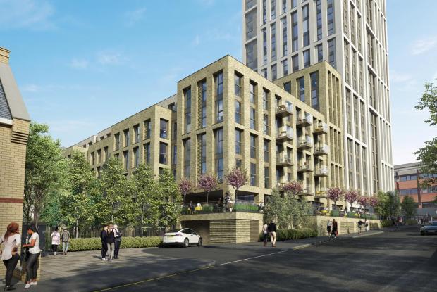Watford Observer: A CGI of the proposal to redevelop the site currently home to the former TJX HQ which has relocated to opposite Watford Junction station. Credit: Vedose Ltd