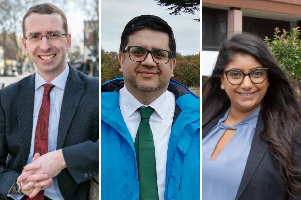 Watford Observer: left to right: Watford 2022 mayoral candidates Peter Taylor (Liberal Democrat) Asif Khan (Labour) and Binita Mehta-Parmar (Conservative)