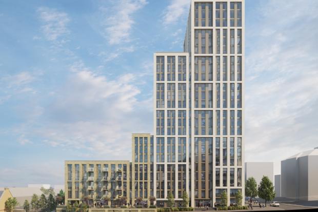 Watford Observer: CGI of the proposed development which includes a tower rising to 24 storeys. Credit: Vedose Ltd