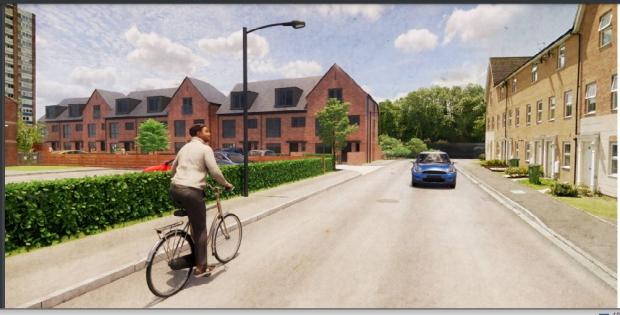 Watford Observer: Screenshot of a CGI of how the Meriden site could be redeveloped (shown left). Credit: Herts Living Ltd via Watford Borough Council planning portal