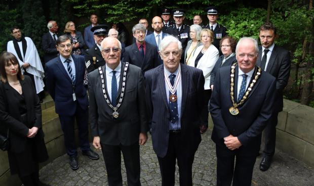Watford Observer: From left to right, front row, are Deputy Mayor of Hertsmere, Cllr John Graham; Deputy Lord-Lieutenant of Hertfordshire, Colonel Kevin Fitzgerald, and Chairman of Hertfordshire County Council, Cllr Seamus Quilty