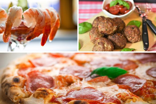Watford Observer: (Top left clockwise) Prawn cocktail, Meatballs, Pizza. Credit: PA/Canva