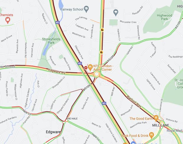 Watford Observer: Heavy traffic at Apex Corner. Also shown is heavy traffic on the M1 south towards Staples Corner, which has been caused by today's A406 collision. Credit: Google Maps