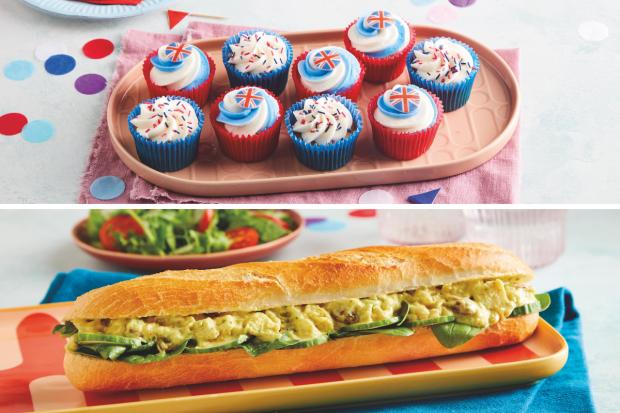 Watford Observer: (Top) Jubilee Cupcake Platter (bottom) Coronation Chicken Baguette (Morrisons/Canva)