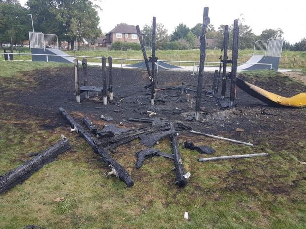 Watford Observer: The arson attack in Garston Park which destroyed a pirate ship in October 2021. Credit: Cllr Steve Cavinder