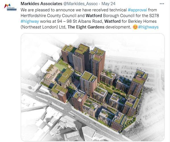 Watford Observer: A screenshot of a CGI showing Berkeley Homes' scheme for at least 1,214 homes in St Albans Road in Watford, including towers of 28, 24, and 22 storeys