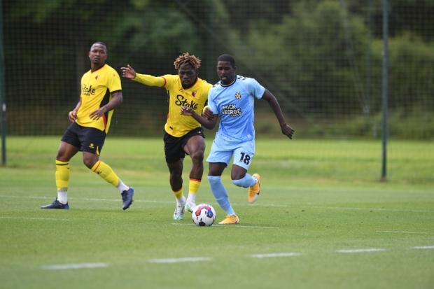 Tom Dele-Bashiru in action against Cambridge United at London Colney this afternoon. Pic: Alan Cozzi/Watford FC
