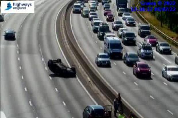 A car has overturned on the M25 anticlockwise near Potters Bar. Picture: National Highways