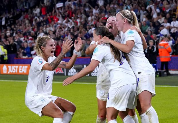 Watford Observer: England players celebrate after Fran Kirby scores their fourth goal in the semi-final against Sweden. Picture: PA