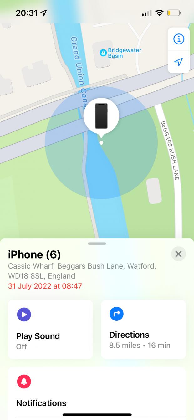 Watford Observer: The victim's phone showing on the Find My iPhone app as being by the Grand Union Canal hours after it was taken. 
