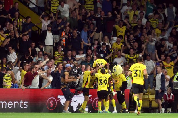 Watford players and supporters celebrate after Joao Pedro's winner against Sheffield United. Picture: PAUL CHILDS/ACTION IMAGES