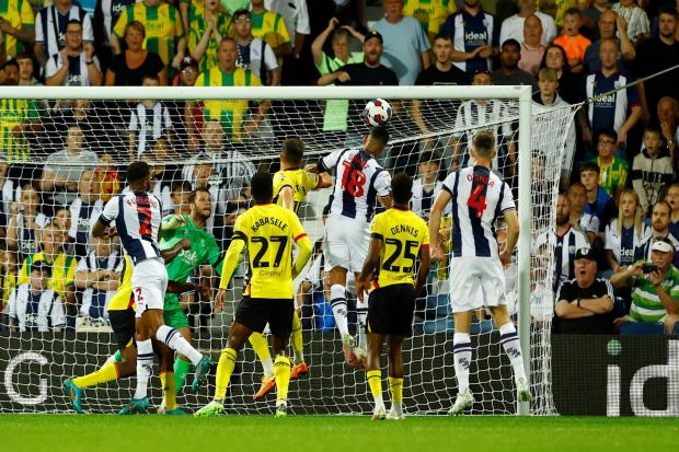 Karlan Grant heads at goal for West Brom against Watford. Picture: ANDREW BOYERS/ACTION IMAGES