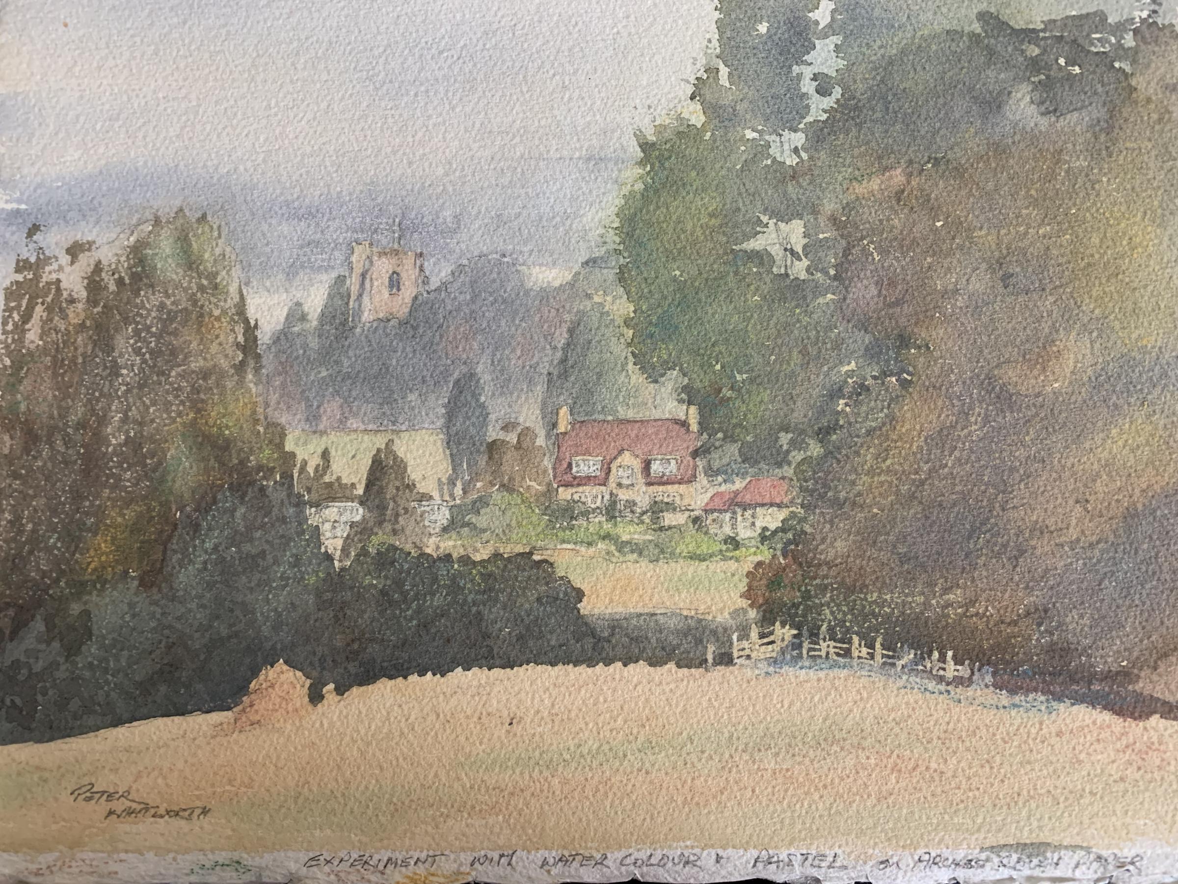 Peter Whitworth’s painting, looking towards Bushey from Attenborough’s fields