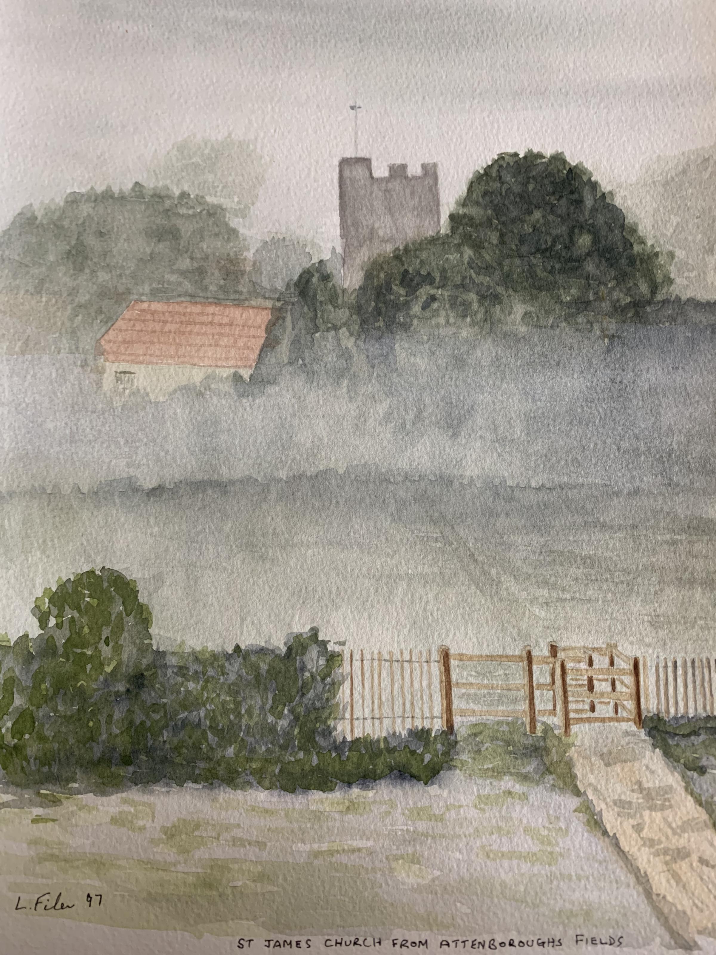 Lesley Filter’s painting of St. James’ Church, Bushey from Attenborough’s fields, 1997