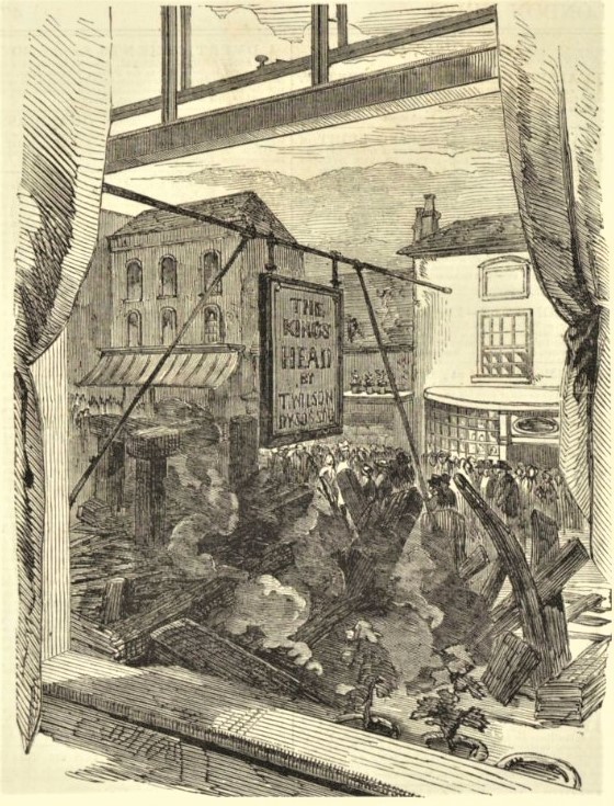 View from the Kings Head following the burning down of the Market Hall, Illustrated London News, June 4, 1853