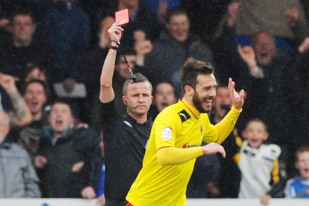 David Webb sent off Marco Cassetti during Watford's 3-2 at Peterborough in 2013. Picture: Action Images
