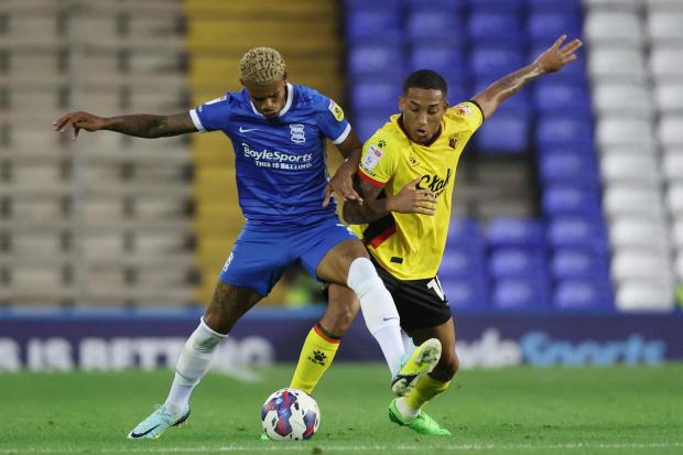 Joao Pedro challenges Juninho Bacuna during Tuesday night's draw at Birmingham City. Picture: Action Images