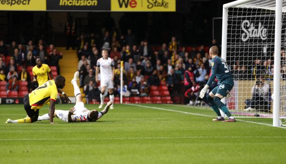 Watford Observer: Ethan Horvath looks back to see Keinan Davis' superb flick in the back of his net. Watford Observer: Ethan Horvath looks back to see Keinan Davis' superb flick in the back of his net.